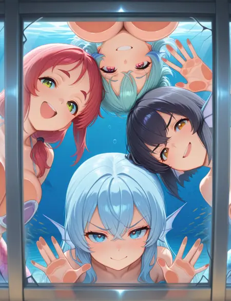 Multiple Girls Against Glass