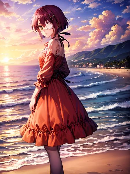 (exceptional, best aesthetic, new, newest, best quality, masterpiece, extremely detailed), 1girl, solo, shindouchihiro, eyepatch, from_side, looking_at_viewer, pink_dress, beach, sunset, sky