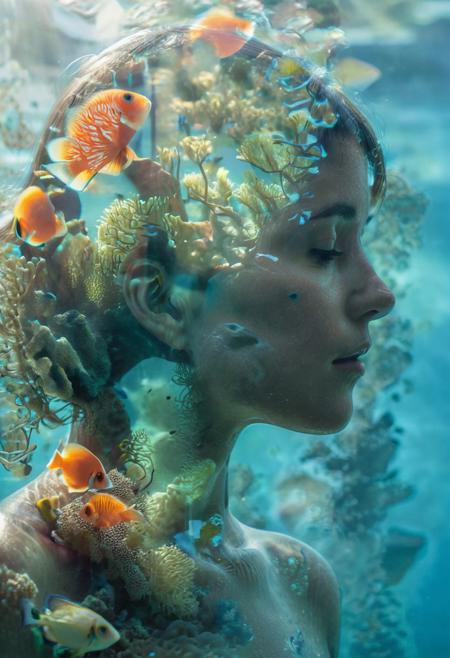 double exposure, human silhouette figure, perfect body, perfect anatomy, vibrant coral reef background, schools of tropical fish surrounding, undulating anemones and sea fans, warm blue-green water tones, radiant sunlight dappling, dreamy ethereal blending of forms