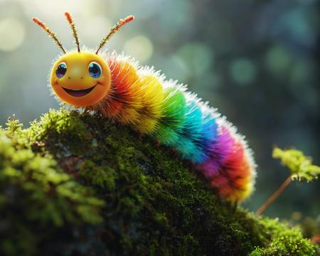 A photo of a rainbow colored smiling caterpillar on a moss covered branch, backlit, translucent, glow hyper realistic, natural soft rim light, cinematic lighting, concept art by arti stincent<lora:add-detail-xl:1> <lora:MJ52:0.5>