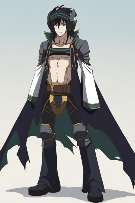 Goldov Auora black hair long hair green-gray eyes black headband with green stripes, big headgear, pauldrons, tattered cape, shirtless, black chest strap with green stripes, detached long sleeves, gray sleeves, black gloves, belt, black pants, poleyns, black shoes