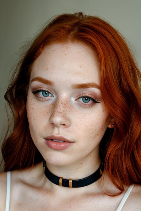 closeup portrait photo of beautiful 24 y.o ginger woman, (makeup), ginger hair, ((freckles)), staring at viewer, wearing choker