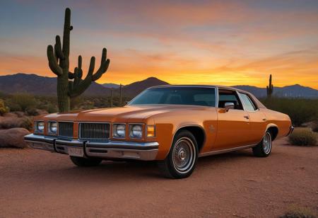 (1973 Oldsmobile Delta 88 Royale), Oldsmobile, orange sky, sky, outdoors, sunset, orange background, mountain, desert, gradient sky, yellow sky, cliff, cloud, rock, blue sky, tree, nature, evening, twilight, mountainous horizon, solo, grass, hill, day, horizon, orange theme, sand, sun, dusk, forest, cactus, motor vehicle, no humans,