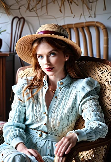 Straw thread, Jane_Auburn_SDXL, score_9, score_8_up, score_7_up, score_6_up, score_5_up, score_4_up, add-detail-xl, UHD, 8K, masterpiece, detailed, close up, (upper body only:2), ultra_high_resolution, lots of detail, OverallDetailXL, detailxl, regalres, Masterpiece, 32k, add-detail-xl, 27 years old, mature female, milf, makeup, dark red lips, (slender:1.6), pretty face, jewelry, solo, (natural blue eyes), mature female, motherly, milf, cinematic film still, gentle smile, cinematic composition, soft shadows, atmospheric haze, Film grain, shallow depth of field, highly detailed, sitting, (living room made of straw:2.8), masterpiece, best quality, straw blouse, fully dressed, ginger, wrinkles, jewelry, long hair, 1girl, puffy medium sleeves, high neck closure, fully dressed, (furniture made of straw:2), (painting made from straw:2), wall made from straw, straw hat, (armchair made from straw:1.6), (hands out of view:2), (Hands hidden:2).