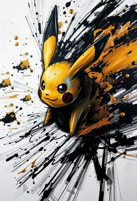 A hyper-stylistic, extremely detailed image depicts a breathtaking painting, crafted from a combination of smeared black and gold metallic paint. A Pikachu is captured in a streaked motion, as if it is moving rapidly in one direction. The black paint is applied in bold, dynamic strokes, creating a sense of energy and movement that is contrasted beautifully by the golden accents. The gold paint is used to highlight the Pikachu's features, adding a sense of depth and dimensionality to the image. The overall effect is one of breathtaking, surreal dynamism, as if the viewer has captured a fleeting moment in time. Every detail of the image is meticulously crafted, from the delicate, swirling patterns of the gold paint to the intricate, textured patterns of the black paint. The contrasts between light and dark, color and texture, create a sense of tension and energy that draws the viewer in, inviting them to explore the kinetic world of the painting. highest-Quality, intricate details, visually stunning, Masterpiece