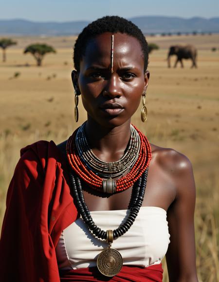 Female-Militia-Tribal, Hyperrealistic art, cinematic, cinemascope, movie-still, UHD, full-body portrait of a female member of the Maasai tribe from Kenya, with rich, flawless ebony skin, tall stature, and intense deep brown eyes. She wears a weathered red shúkà, tattered and dusty, wrapped around her shoulder and tied at the waist, complemented by layered beaded necklaces and anklets that show signs of wear. The setting features the rolling hills and open plains of the Maasai Mara, with tall grasses swaying in the gentle breeze under the vast African sky.