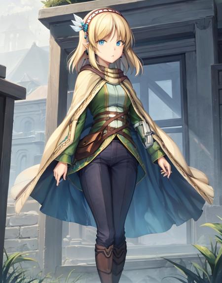 cayna, blue eyes, short hair, black pants, pointy ears, bangs, hairband, hair ornament, blonde hair, cape