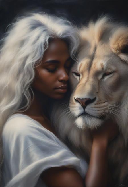 Impressionist painting, closeup of a young african dark skin  woman with white long hair hugging her huge fluffy african lion, closed eyes, contrast between love and distance, aesthetic bokeh dark gray background. Loose brushwork, play of light and shadow,  masterpiece, award winning,