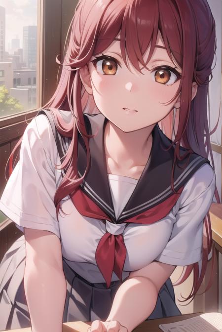 rikosakurauchi, <lora:rikosakurauchi-lora-nochekaiser:1>, 
riko sakurauchi, (brown eyes:1.5), hair between eyes, long hair, (red hair:1.5), (small breast:1.2), 
BREAK grey skirt, neckerchief, pleated skirt, red neckerchief, school uniform, serafuku, shirt, short sleeves, skirt, white shirt, uranohoshi school uniform,
BREAK looking at viewer, 
BREAK indoors, classroom, 
BREAK <lyco:GoodHands-beta2:1>, (masterpiece:1.2), best quality, high resolution, unity 8k wallpaper, (illustration:0.8), (beautiful detailed eyes:1.6), extremely detailed face, perfect lighting, extremely detailed CG, (perfect hands, perfect anatomy),