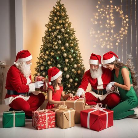 four Santa's elves wrapping gifts, illuminated Christmas tree background with Father and Mother Christmas