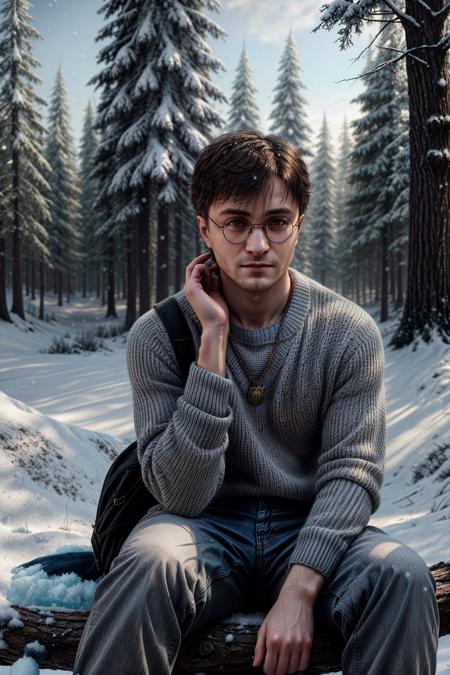 a portrait of HPDR, a male, close up, a man sitting on a tree trunk in the woods, a boy with glasses, (wearing a grey sweater and blue jeans pants:1.3), (winter, some snow around:1.2), a body of water frozen in the background, detailed, hdr, epic background, line art, digital illustration, comic style, dynamic, highly detailed, artstation, concept art, smooth, sharp focus, illustration, Thomas Moran style, art by Carne Griffiths and Wadim Kashin, detailed background, 60-30-10 color rule, warm tones, godrays, unreal engine, greg rutkowski, loish, rhads, beeple, makoto shinkai and lois van baarle, ilya kuvshinov, rossdraws, tom bagshaw, alphonse mucha, global illumination, detailed and intricate environment <lora:more_details:1> <lyco:GoodHands-beta2:1>