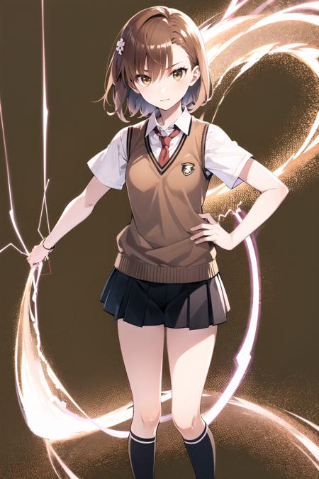 1girl, misaka mikoto, brown hair, electricity, tokiwadai school uniform, solo, school uniform, brown eyes, shorts, electrokinesis, sweater vest, skirt, short hair, socks,standing,  <lora:Yousuke Kaneda:0.8>