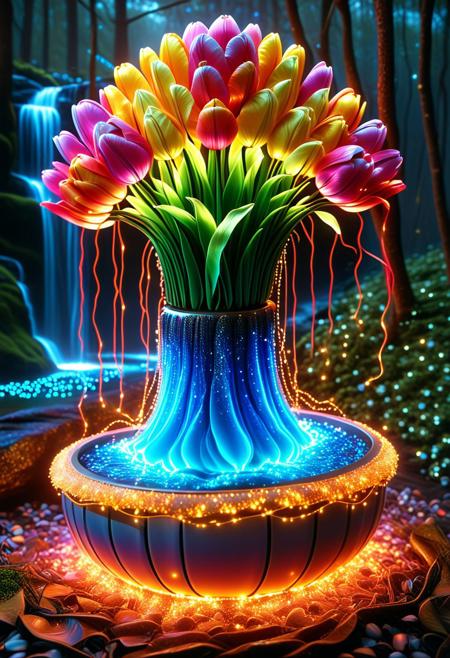 vibrant colors, shiny_skin, prefect lighting, detailed image, snoozing, masterpiece, best quality, highly detailed, ultra quality, 
made of l1qu1dp34rl, pearlescent, multicolored, jaynl-tm, hkmagic, sparkling glitter and crystals, glowing sapphire light waves, in a fantasy art style, 
flower pots made of l1qu1dp34rl, flower pots made of tulips,
outdoors, neon lights, glowing, glowing RGB lights, forest, tree, waterfall made of l1qu1dp34rl, river made of l1qu1dp34rl, sciencefiction, neon lights, night, moon,