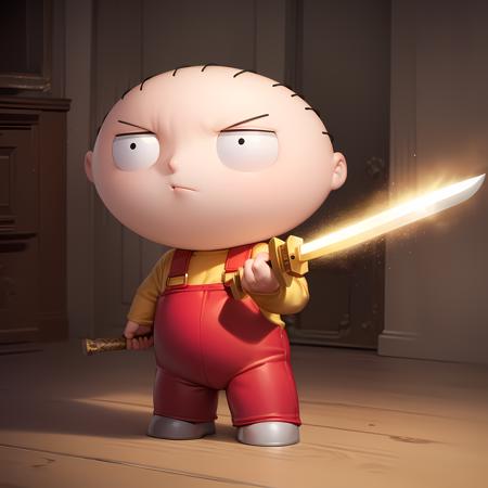 ((masterpiece, best quality)),(complex light), 1boy, solo, baby, stewie griffin, <lora:Stewie_Griffin1-10:0.6>, yellow shirt, red overalls, holding weapon, holding sword, huge sword, greatsword,