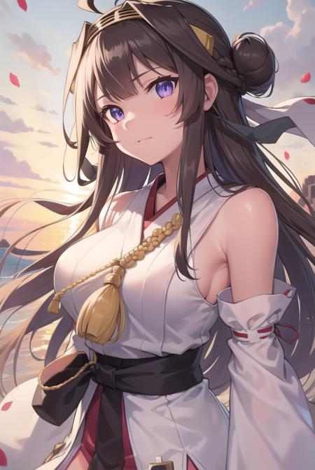 kongou, ahoge, brown hair, double bun, hair bun, hairband, headgear, long hair, (purple eyes:1.1),  boots, detached sleeves, japanese clothes, nontraditional miko, ribbon trim, ribbon-trimmed sleeves, thigh boots, wide sleeves,