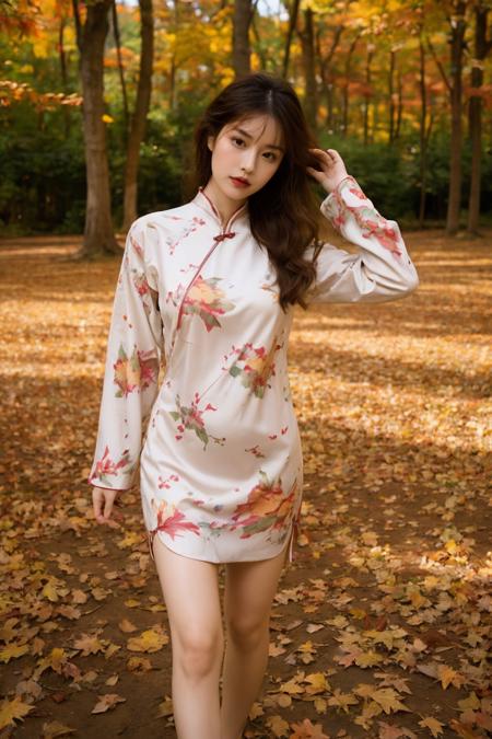 1girl,very long hair,rim light,absurdres,(autumn maple forest:1.3),very few fallen leaves,(path),botanical garden,(white printed cheongsam:1.2),medium_shot,