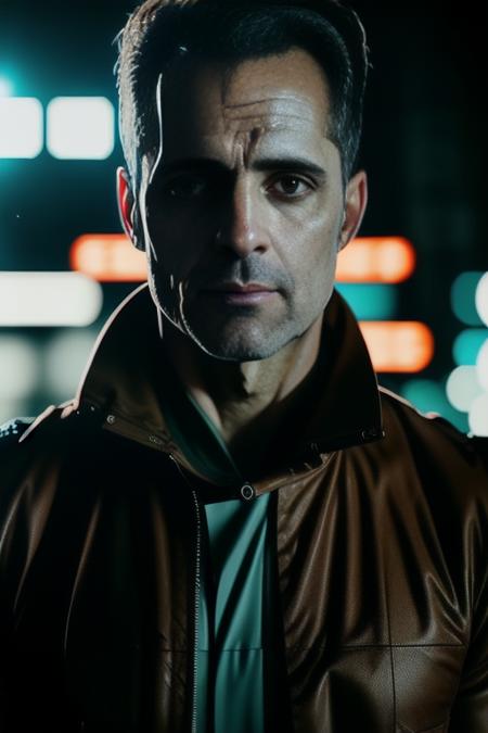 Highly detailed cinematic film still, medium level shot, of berlin00, wearing a (jacket:1.2), standing in a cyberpunk city at (night:1.2),neon lights, (traffic:1.1), (god rays:0.4), (highly detailed, hyperdetailed, intricate), (lens flare:0.4), (bloom:0.5), particle effects, cinematic lighting, (soft lighting:0.6), prominent projected shadows, deep depth of field, (film grain:0.5), photographed on a Leica SL (Typ 601) Mirrorless Digital Camera, 50mm wide angle lens, F2.8 aperture, deep focus, (RAW), cinematic film still from Gravity 2013  <lora:berlin00:1>