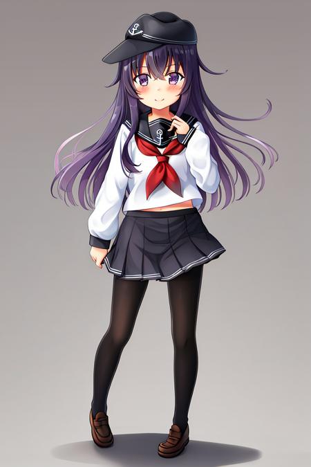 masterpiece, best quality,1girl, solo, long hair, akatsuki, hat, pantyhose, school uniform, serafuku, skirt, purple eyes, hair, black pantyhose, neckerchief, purple eyes, red neckerchief, pleated skirt, anchor symbol, looking at viewer, shoes, flat cap, loafers, standing, full body, <lora:xiao:1>