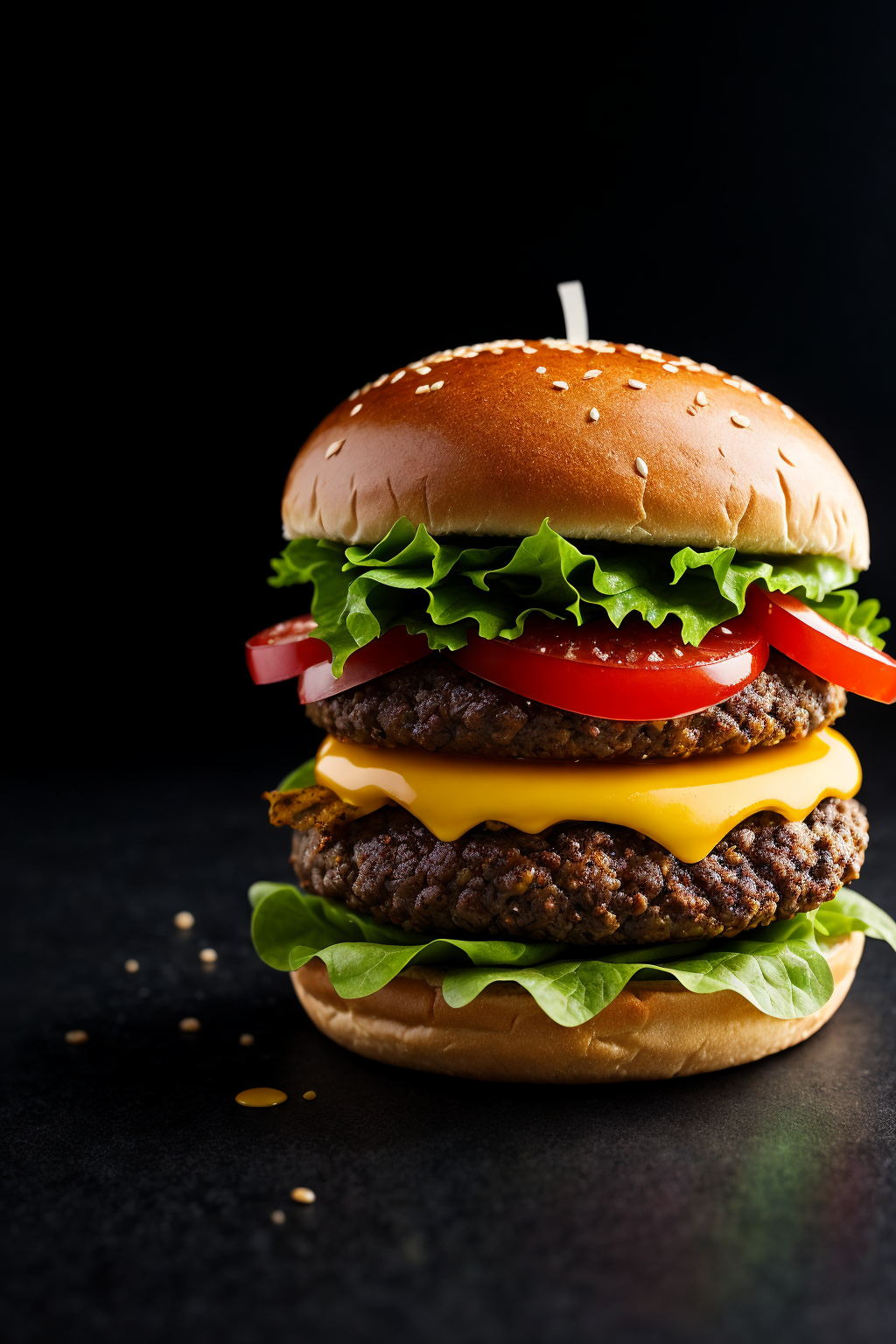 product shot of ultra realistic juicy cheeseburger against a dark background, two tone lighting, advertisement, octane, un...