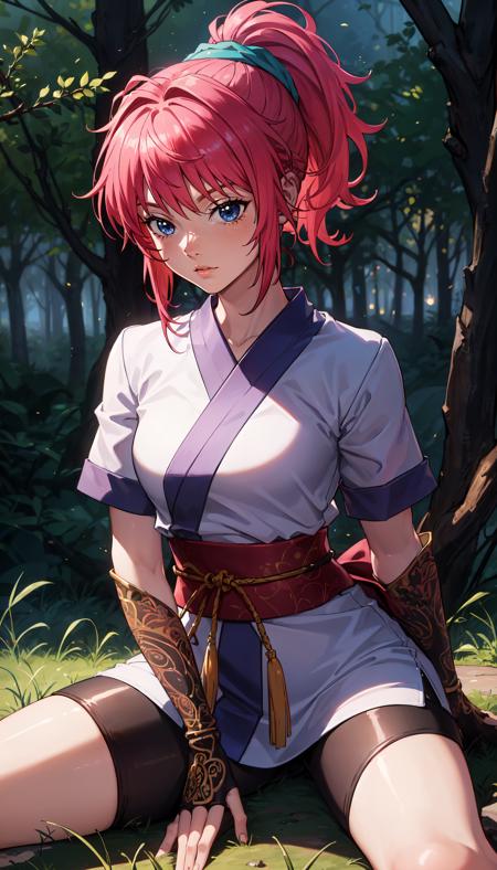 pink hair ponytail blue hairband bangs blue eyes japanese clothes short kimono fingerless gloves black bike shorts