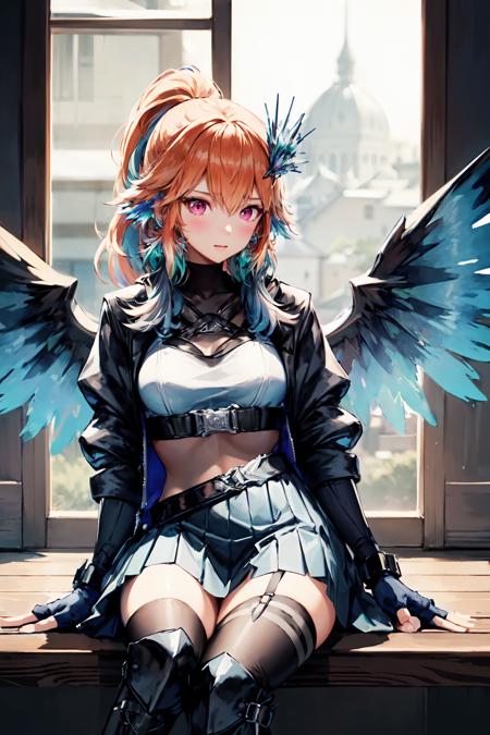 takanashi kiara jewelry, feathers, gloves, feather earrings, fingerless gloves, thighhighs, colored inner hair, bangs, skirt, jacket, boots long hair, ponytail