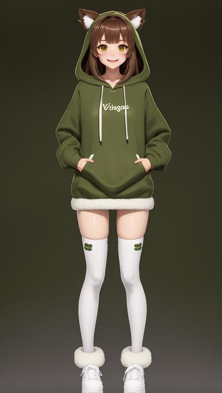 vtubermodel of 1girl , brown hair , light brown eyes , (green hoodie:1.3) , fluffy weasel ears , white thigh highs, high quality , extra detailed , rendered, (white background:1.2), full body , smiling, sharp face<lora:VtuberMakerV2:0.5>