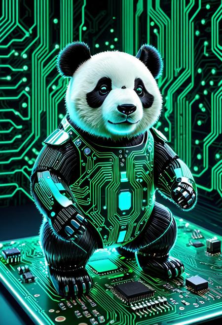 a cute panda bear made of electronic circuits, cybernetic panda, glowing circuit lines forming fur patterns, neon blue and green highlights, chrome and metal textures, intricate motherboard details, robotic animal, futuristic sci-fi style, ultra detailed, 4k render, soft lighting
<lora:CircuitBoardStyle:0.7>
, TzigoCBS