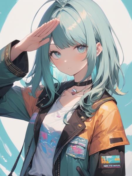 (best aesthetic,,masterpiece,anime:1.2),1girl, (salute:1.2),upper body, aqua hair, medium hair, straight hair,  asymmetrical bangs bangs,   jacket denim shorts choker ,