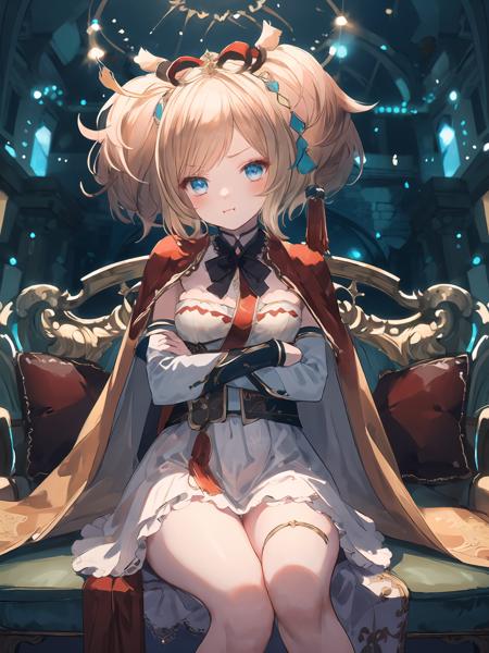 masterpiece,best quality,highres,cinematic lighting,dramatic angle,<lora:ResplendentPhoenixV1:0.8:lbw=jiangshi3>,1girl,light blonde hair,blue eyes,twintails,short hair,capelet,hair ornament,bowtie,tassel,jewelry,ribbon,white and red dress,frills,sash,detached sleeves,arms crossed,crossed arms,sitting,legs crossed,pout,<lora:å¼ºå åå´Concept_Pout:0.7>,looking at viewer,blush,shy,happy