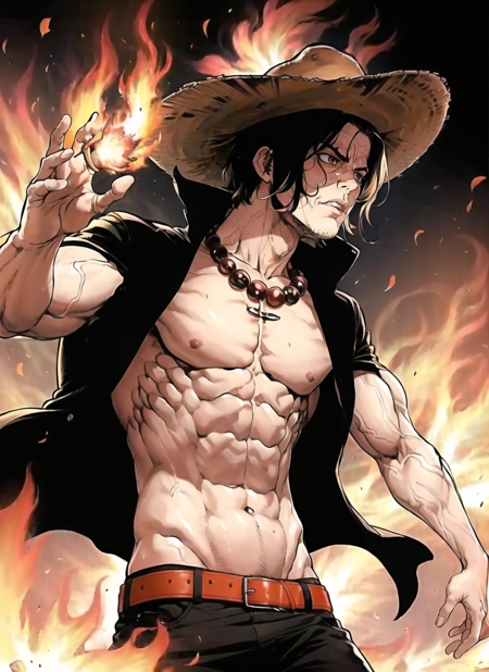 boichi manga style,  male focus, 1boy, solo, fire, open clothes, black hair, straw hat, open shirt, hat, abs, jewelry, necklace, muscular, shirt, belt, ((masterpiece)) <lora:boichi_manga_style_offset:1>