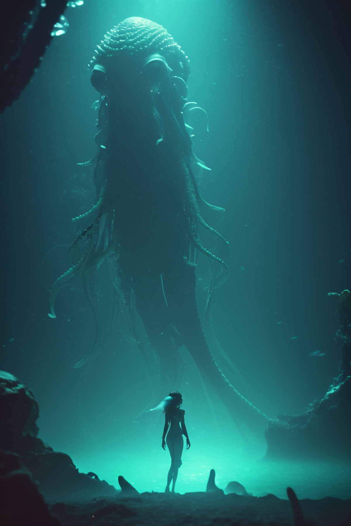 A woman standing next to a giant sea creature in a blue underwater environment.