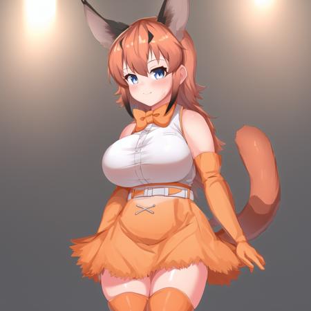 floppa, 1girl, ((solo)), animal ears, caracal ears, blue eyes, caracal tail, orange bowtie, white sleeveless shirt, orange elbow gloves, orange hair, orange high-waist skirt, long hair, belt, bare shoulders, orange thighhighs, hair between eyes, bangs, sidelocks, orange neckwear, large breasts, long sleeves, white belt, detailed shading, detailed ambient light