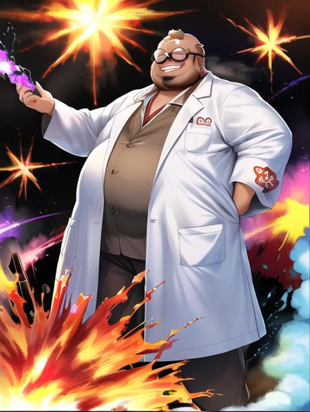 best quality, masterpiece, highres, detailed, <lora:Detail - add_detail:0.2>,  <lyco:Change - MadScientist:0.8>, MadScientistCh, lab coat, glasses, evil smile, 1man,   <lora:Character - FFCorneo:0.6>, fat, FFCorneo, tattoo, experiments, explosion, gases, fumes,