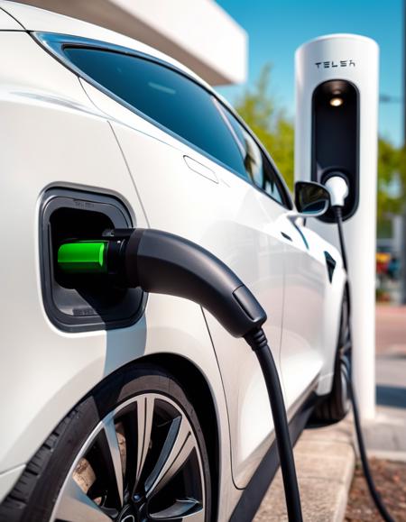 Hyperrealistic art <lora:FF-We-Are-Electric-XL-Cr2-v0564-FA:1> a close up of a car charging at a charging station, green technology, car tesla 3, electric motors, lumen technology, petrol energy, tesla car, electric energy, trending on vehicle design, 4 k editorial photograph, hydrogen fuel cell vehicle, futuristic product car shot, clean energy, digital nodes, tesla model 3, tesla, big open electric eyes . Extremely high-resolution details, photographic, realism pushed to extreme, fine texture, incredibly lifelike