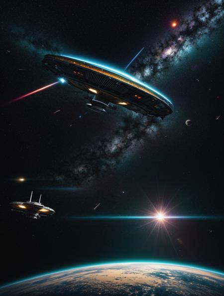 a vibrant cinematic photo of outer space,  damaged spaceship with sparks leaves an asteroid field, a second ship is broken into two pieces, nebula, alien world, octane render, high quality,  24mm, 4k textures, soft cinematic light, adobe lightroom, photolab, hdr, intricate, elegant, highly detailed, sharp focus, ((((cinematic look)))), soothing tones, insane details, intricate details, hyperdetailed, low contrast, soft cinematic light, exposure blend, hdr, faded, <lora:more_details:.8>,