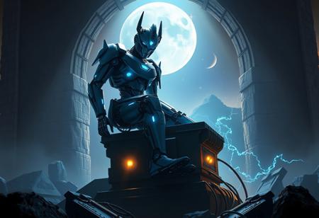 Create a cinematic, highly detailed digital painting of a Lunarpunk robot sitting on a Charging Construction in an action pose, inspired by Nicomachus of Thebes and goth transformers. The scene should be set in a dark, stone-walled environment with power energy emanating from the construction. Incorporate a beautiful, stray-like picture in the background and use a gradient blue-black color scheme with spotlight effects. The composition should adhere to the golden ratio and feature intricate, lifelike details. The overall style should be reminiscent of the works of Artgerm and Greg Rutkowski, with a mix of elegant and brute elements.