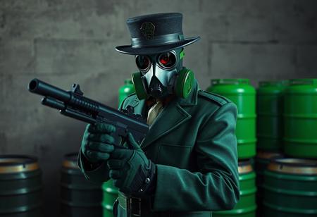 Nightmare Magician, green uniform, black cap, concrete wall backdrop, gas mask, green barrels. Armed, black gun, poised. Cinematic, volumetric lighting, dramatic composition, trending on Artstation, Unreal Engine 5, octane render, hyperdetailed, intricate, vibrant colors, masterpiece.