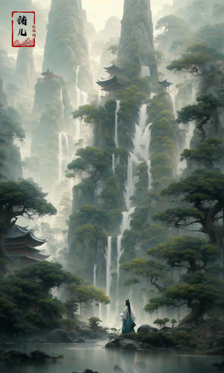 an painting in a style of oriental painting, in the style of matte painting, layered and atmospheric landscapes, rich and immersive, quiet contemplation, dark white and green, history painting, zen-inspired, grandeur of scale
highly detailed, dynamic, cinematic, stunning, realistic lighting and shading, vivid, vibrant, 8k,octane render, unreal engine, very detailed, concept art, realistic, Cry engine, wide shot
1 girlvery long hairwhite hair(upper body:1.0)
<lora:~Q?-g~ pine:0.9>