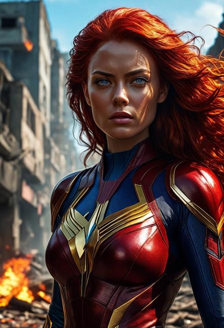UltUltra detailed digital art masterpiece, Hyperdetailed, hyperrealism, extremely high resolution of Beautiful Superheroine Jean Grey as Dark Phoenix, Greg Rutkowski style, stands in a bloody, sinister fiery battle in the streets of a ruined city, Realistic blue eyes, wavy red hair, Intricately designed cool X-Men Superheroine combat costume with X logo, Marvel, X-Men, 8K, deep color, Cinematic Lighting, intricate smooth, sharp focus digital painting, Artgerm, WLOP, Greg Rutkowski, Beautiful Sadie Sink as 21 years old Jean Grey as Phoenix, Intricately Designed handsome pale face, Marvel comics, Realistic combat dirty clothing, perfect whole athletic body, defiant and seductive, Photograph Taken on Nikon D750, Intricate Elegant, Digital Illustration, Scenic, Unreal Engine, CryEngine, Octane Render, 8k, Designed combat clothes, Attractive, Attractive black woman, dramatic lighting, wet and sweaty skin, beautiful firm Breasts, Daylight, Concept art by Greg Rutkowski, adding to the intense and dynamic atmosphere of the scene