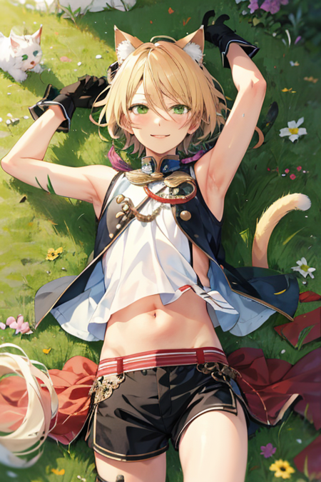 <lora:AiraShiratori-03:0.7> , aira shiratori, solo, looking at viewer, smile, blonde hair, gloves, 1boy, navel, animal ears, green eyes, tail, male focus, lying, midriff, cat ears, on back, armpits, arms up, cat tail, grass