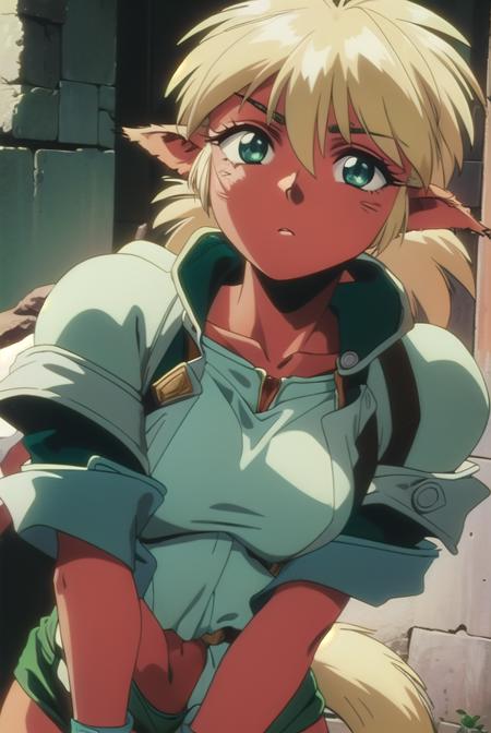 fam, blonde hair, (green eyes:1.5), pointy ears, dark skin, dark-skinned female, elf, long pointy ears, (retro artstyle:1.5), (1990s \(style\):1.5), tail, short sleeves, wristband, pelvic curtain,