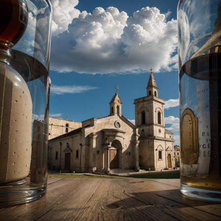 documentary photo of the Cathedral of Matera (church) with its bell tower, a small church on top of a hill, clouds in the sky, inside a square glass jar with lid, placed on a wooden table, extremely detailed, 8K, apocalyptic punk style, miniatures, macro photography in close-up