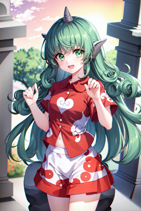 <lora:KomanoaunnTouhou_1.0ver:0.7>,KOMANO_AUNN,  
1girl,solo,masterpiece, best quality, high quality,delicate facial features,mishoujo,hyper_detail,game cg, finely detailed beautiful eyes and detailed face,lustrous skin,colorful
komano_aunn,green_hair,  long_hair,curly_hair, green_eyes, single_horn, 
collared_shirt, multicolored clothes, white_shorts,short_sleeves, buttons, red_shirt, cloud_print, geta, bangs,
(looking at viewer:1.2), (standing:1.3), (cowboy_shot:1.4),blush,smile,open mouth, paw_pose, 
(shrine:1.3), (blue sky:1.3),cloud,mountain,