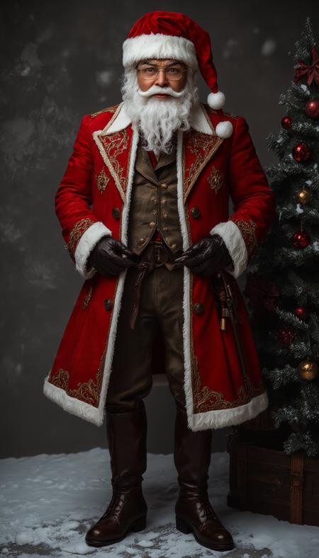 Realistic image reimagines a tall Santa Claus with a fashionable Victorian aesthetic. He dons an elegantly tailored deep red frock coat with intricate gold embroidery, a luxurious fur-lined collar, and polished leather boots. His fancy moustache is carefully groomed, paired with round, vintage spectacles. A velvet waistcoat and pocket watch add a refined touch, while snowy flakes swirl around him, enhancing the nostalgic yet stylish, aristocratic vibe. His confident, dignified pose exudes timeless charm, vantablack