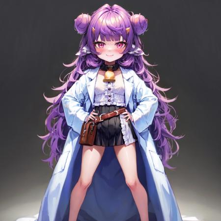 sfw, (masterpiece), (best quality:1.0), (ultra highres:1.0), detailed eyes, good lighting, good hands, perfect hands, <lora:GoodHands-beta2:1.0> <lora:detailed_eye:0.7> BREAK
muyu, 1girl, solo, very long hair, purple hair, double bun, animal ears, horns. pink eyes, cow tail, small breasts, neck bell, labcoat, black skirt, white shirt, frills, open clothes, belt, full body BREAK
hands on hips, smiling, blush
 <lora:Muyu-04:0.7>