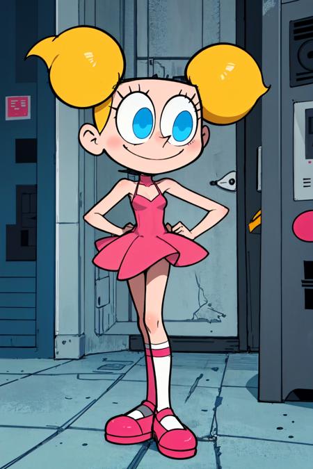 blonde hair, deedee, solo, white legwear, pink dress, twintails, blue eyes, 1girl, short twintails, smile, standing, pink footwear