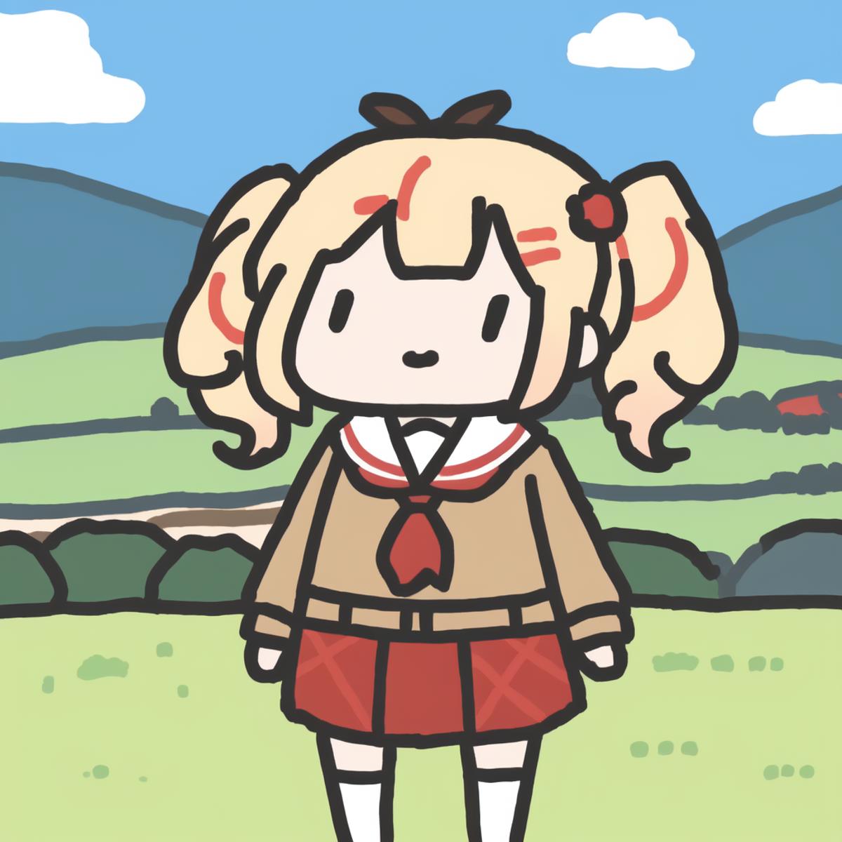 A Cartoon Anime Girl with Pigtails and a Red Ribbon Standing in a Field.