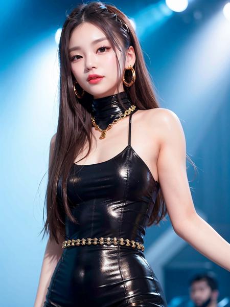 portrait of yeji,  black turtleneck top, golden chain, smiling, red lips, slender body, <lora:Yeji Itzy:0.7>