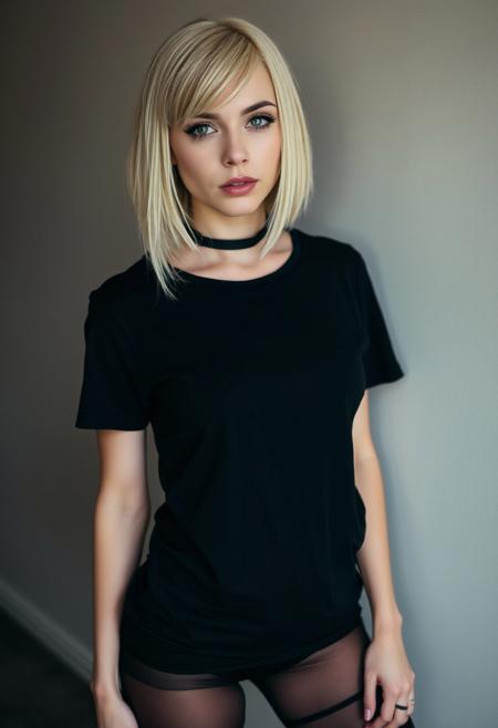woman, blonde bobcut hair, parted half hair, green and blue eyes, eyeliner, gothic, wearing black t-shirt and black hotpants, black pantyhose, slender body, long legs,