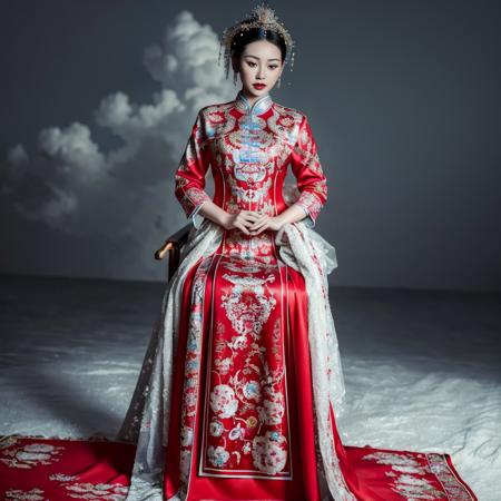 (8k, RAW photo, best quality, masterpiece:1.2), (realistic, photo-realistic:1.4), ultra-detailed, (Internet celebrity beauty),perfect detail ,  make up,(full body shot),China Jiangnan water town style, (cloud),zshs, a woman in a red and blue dress and a crown,<lora:zshs-10:0.8>